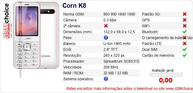 Corn K8 Especificações técnicas do telemóvel 
