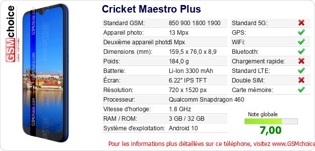 Cricket Maestro Plus Fiche technique Cricket Maestro Plus Fiche technique