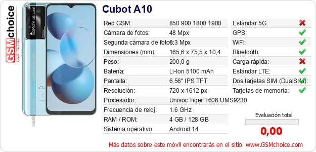 Cubot A10 Datos técnicos del móvil 