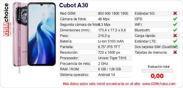 Cubot A30 Datos técnicos del móvil 