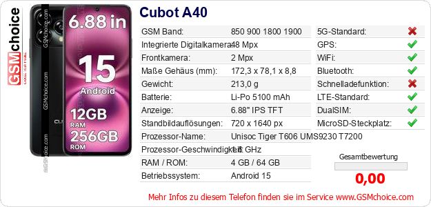 Cubot A40 technische Daten Cubot A40 technische Daten