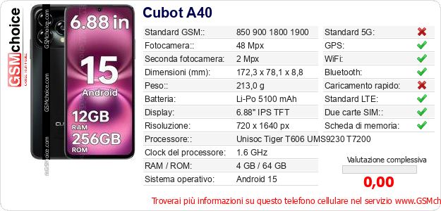 Cubot A40 Dati tecnici di telefono cellulare Cubot A40 Dati tecnici di telefono cellulare
