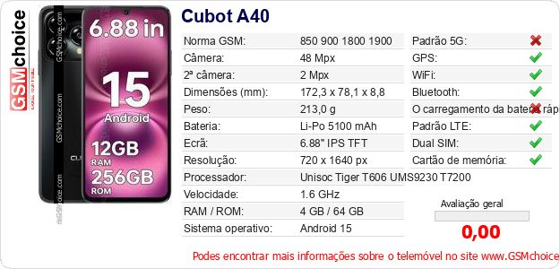 Cubot A40 Especificações técnicas do telemóvel Cubot A40 Especificações técnicas do telemóvel