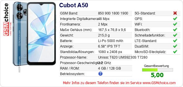 Cubot A50 technische Daten Cubot A50 technische Daten