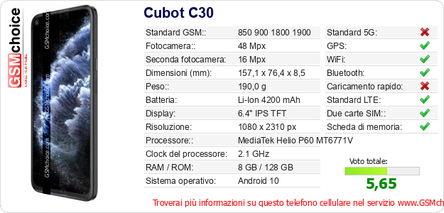 Cubot C30 Dati tecnici di telefono cellulare Cubot C30 Dati tecnici di telefono cellulare