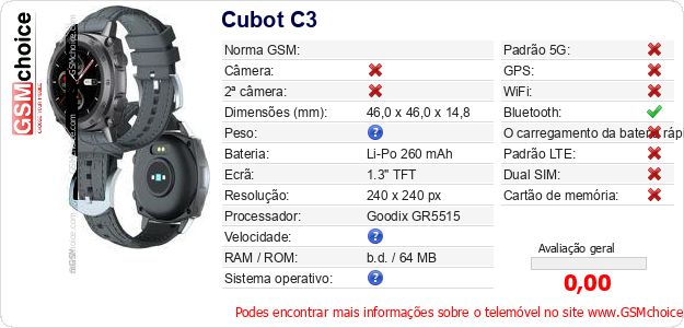 Cubot C3 Especificações técnicas do telemóvel Cubot C3 Especificações técnicas do telemóvel