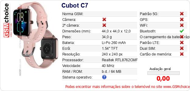 Cubot C7 Especificações técnicas do telemóvel Cubot C7 Especificações técnicas do telemóvel