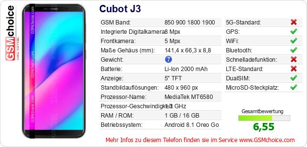 Cubot J3 technische Daten Cubot J3 technische Daten