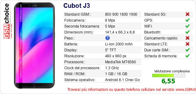 Cubot J3 Dati tecnici di telefono cellulare Cubot J3 Dati tecnici di telefono cellulare