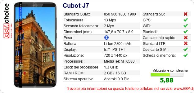 Cubot J7 Dati tecnici di telefono cellulare Cubot J7 Dati tecnici di telefono cellulare