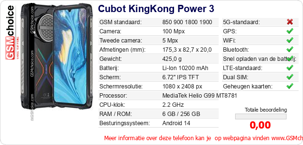 Cubot KingKong Power 3 Technische gegevens Cubot KingKong Power 3 Technische gegevens