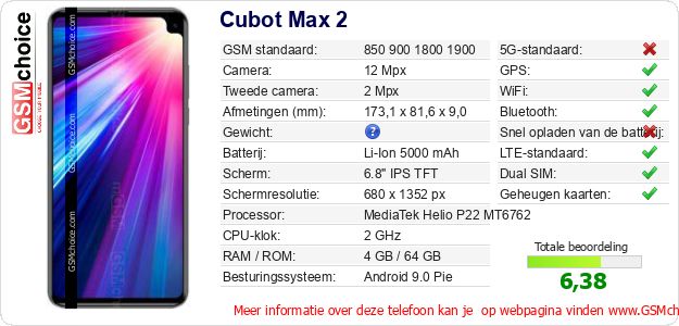 Cubot Max 2 Technische gegevens Cubot Max 2 Technische gegevens