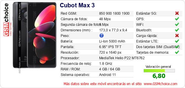 Cubot Max 3 Datos técnicos del móvil Cubot Max 3 Datos técnicos del móvil