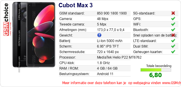 Cubot Max 3 Technische gegevens Cubot Max 3 Technische gegevens