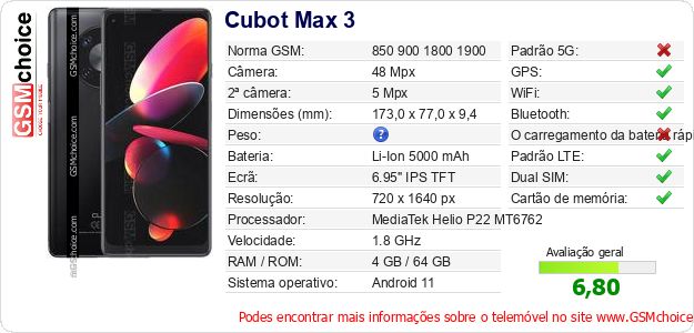 Cubot Max 3 Especificações técnicas do telemóvel Cubot Max 3 Especificações técnicas do telemóvel