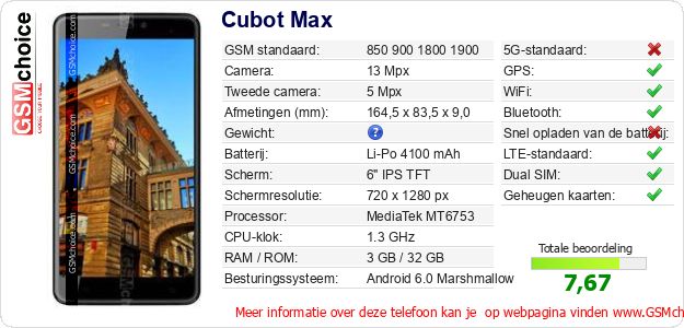 Cubot Max Technische gegevens Cubot Max Technische gegevens