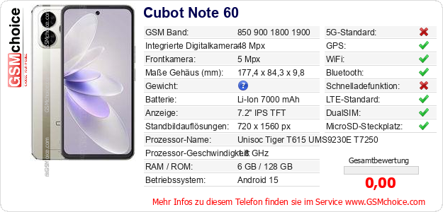 Cubot Note 60 technische Daten Cubot Note 60 technische Daten