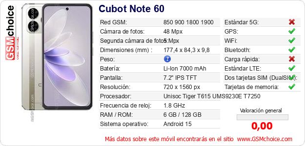 Cubot Note 60 Datos técnicos del móvil Cubot Note 60 Datos técnicos del móvil