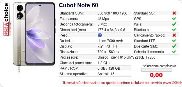 Cubot Note 60 Dati tecnici di telefono cellulare 