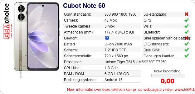 Cubot Note 60 Technische gegevens 