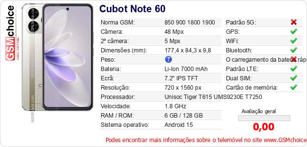 Cubot Note 60 Especificações técnicas do telemóvel Cubot Note 60 Especificações técnicas do telemóvel