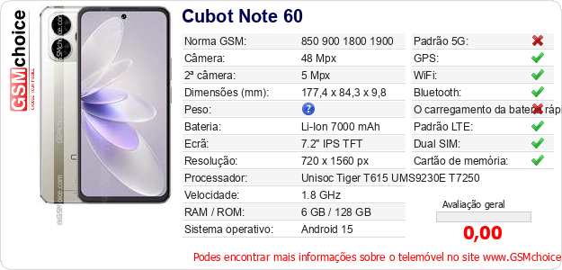Cubot Note 60 Especificações técnicas do telemóvel 