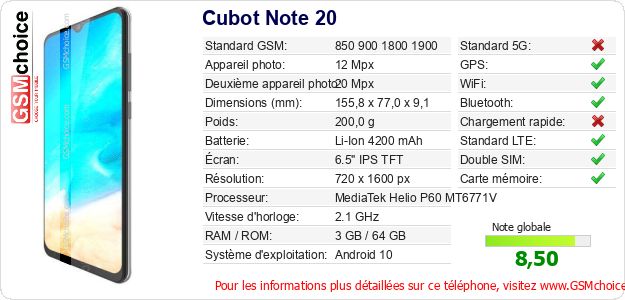 Cubot Note 20 Fiche technique Cubot Note 20 Fiche technique
