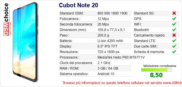 Cubot Note 20 Dati tecnici di telefono cellulare Cubot Note 20 Dati tecnici di telefono cellulare