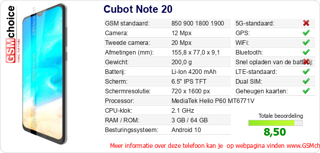 Cubot Note 20 Technische gegevens Cubot Note 20 Technische gegevens