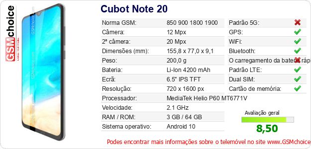 Cubot Note 20 Especificações técnicas do telemóvel Cubot Note 20 Especificações técnicas do telemóvel