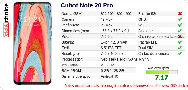 Cubot Note 20 Pro Especificações técnicas do telemóvel 
