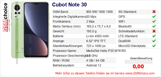 Cubot Note 30 technische Daten Cubot Note 30 technische Daten