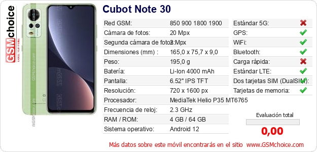 Cubot Note 30 Datos técnicos del móvil Cubot Note 30 Datos técnicos del móvil
