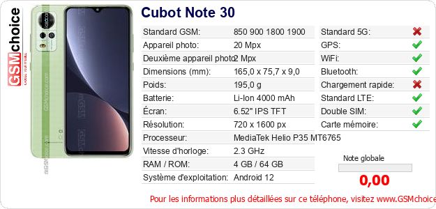 Cubot Note 30 Fiche technique Cubot Note 30 Fiche technique