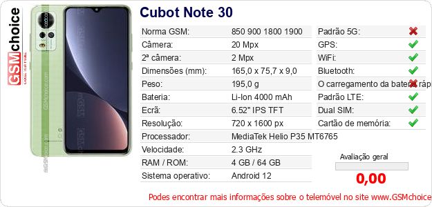Cubot Note 30 Especificações técnicas do telemóvel Cubot Note 30 Especificações técnicas do telemóvel