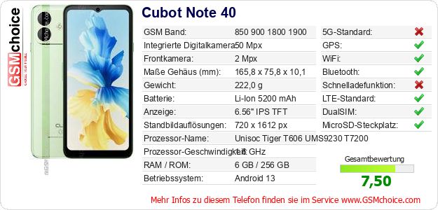 Cubot Note 40 technische Daten Cubot Note 40 technische Daten
