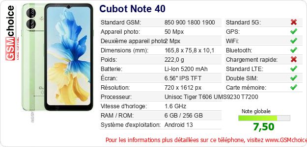 Cubot Note 40 Fiche technique Cubot Note 40 Fiche technique
