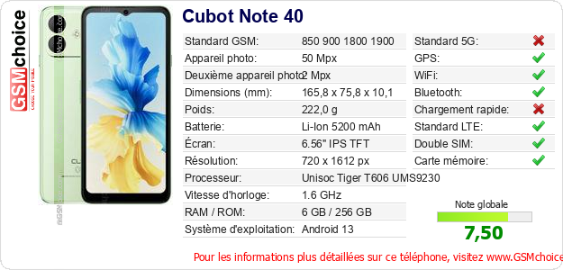 Cubot Note 40 Fiche technique Cubot Note 40 Fiche technique
