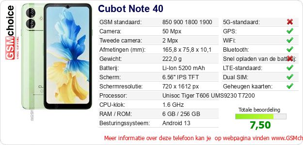 Cubot Note 40 Technische gegevens Cubot Note 40 Technische gegevens
