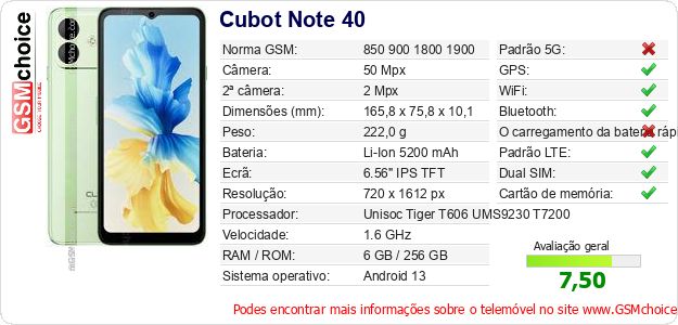 Cubot Note 40 Especificações técnicas do telemóvel Cubot Note 40 Especificações técnicas do telemóvel