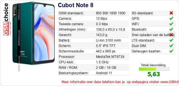 Cubot Note 8 Technische gegevens Cubot Note 8 Technische gegevens