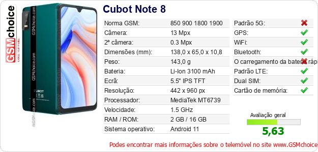 Cubot Note 8 Especificações técnicas do telemóvel Cubot Note 8 Especificações técnicas do telemóvel