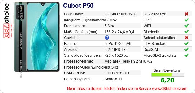 Cubot P50 technische Daten Cubot P50 technische Daten