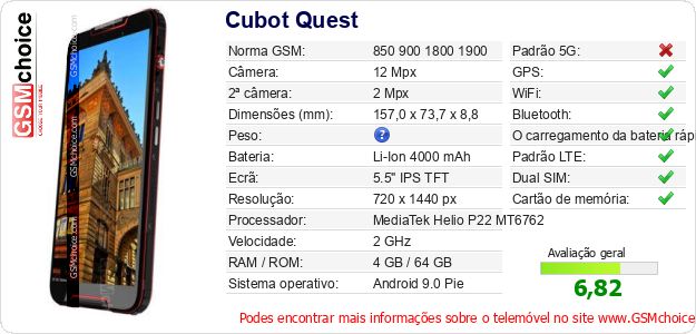 Cubot Quest Especificações técnicas do telemóvel Cubot Quest Especificações técnicas do telemóvel