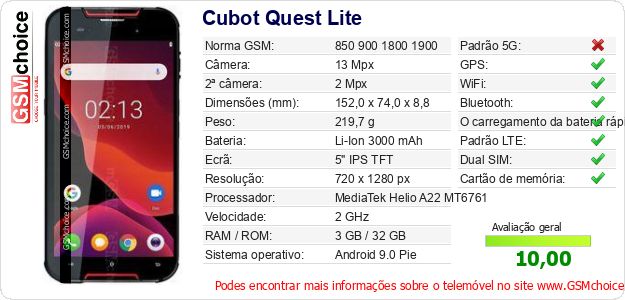 Cubot Quest Lite Especificações técnicas do telemóvel Cubot Quest Lite Especificações técnicas do telemóvel