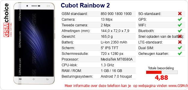 Cubot Rainbow 2 Technische gegevens Cubot Rainbow 2 Technische gegevens