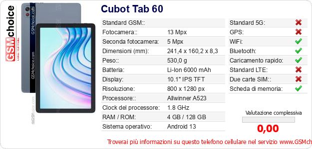 Cubot Tab 60 Dati tecnici di telefono cellulare Cubot Tab 60 Dati tecnici di telefono cellulare