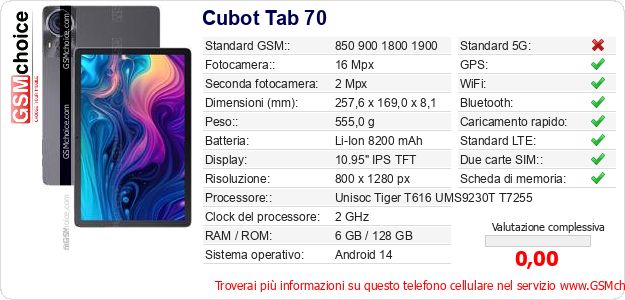 Cubot Tab 70 Dati tecnici di telefono cellulare Cubot Tab 70 Dati tecnici di telefono cellulare