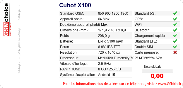Cubot X100 Fiche technique Cubot X100 Fiche technique