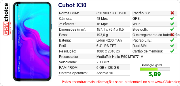 Cubot X30 Especificações técnicas do telemóvel 